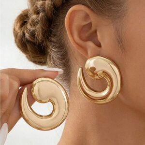 Gold Swirl Statement Hoop Earrings - Women Jewelry R 399